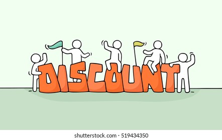 Sketch of working little people with word Discount. Doodle cute miniature scene of workers preparing for the shopping. Hand drawn cartoon vector illustration