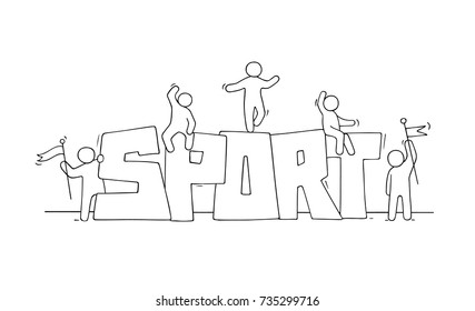 Sketch of working little people with word Sport. Doodle cute miniature scene of active men. Hand drawn cartoon vector illustration for lifestyle design.