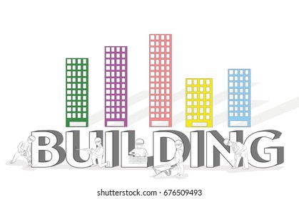 Sketch of working small people with a big word "building". Hand-drawn cartoon vector illustration of building design and infographics.