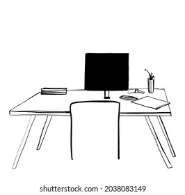Sketch of workplace. Bookshelf, computer