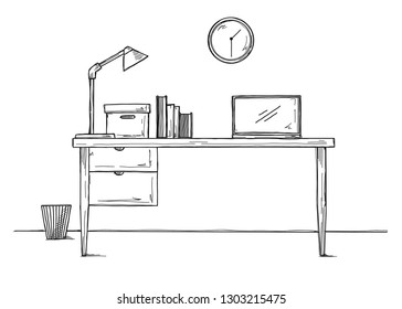 Sketch the workplace in front of the computer. Vector illustration