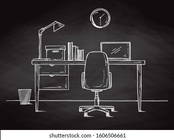 Sketch the workplace in front of the computer. Vector illustration