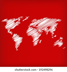 Sketch of world map on red  - vector illustration