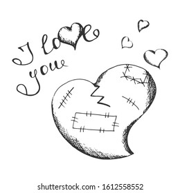 A sketch of a wounded heart on a white background. Vector illustration