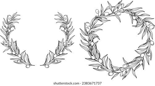 Sketch Wreath of olive branch with berries and leaves. Hand drawn vector line art illustration. Black and white drawing of the symbol of Italy or Greek for cards, design logo, tattoo