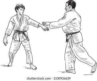 Sketch of wresting trainer with his pupil in the gym