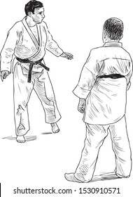 Sketch of wrestling coach and his student training in gym