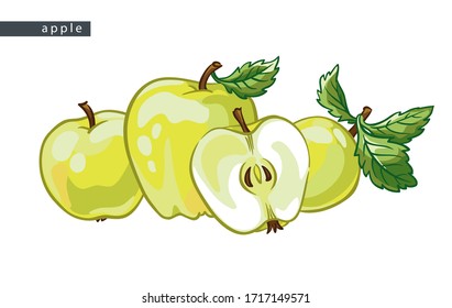 sketch yellow apples: 
three whole fruits and half