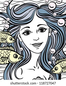 Sketch of yellow fish and mermaid with blue hair like waves