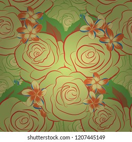 Sketch with yellow, green and orange flowers. Hand drawn. Seamless rose pattern.