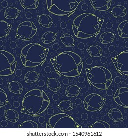 Sketch yellow outline fish pattern on dark blue background vector illustration for design and decoration