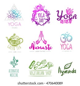 Sketch Yoga Logo Set With Yoga Studio Yoga Day Retreat Green Tea Vegetarian Shop Descriptions Vector Illustration