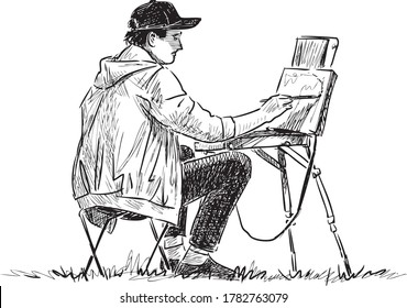 Sketch of young artist painting in open air