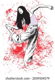 croquis d'une jeune fille ou femme asiatique dansant et tenant son pied droit vers le haut, sur fond grunge rouge