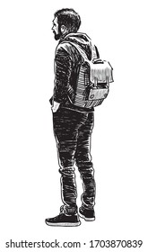 Sketch of young bearded man with backpack standing in wait outdoors