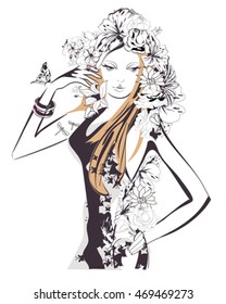 Sketch of young beautiful woman with flowers and butterflies.  A beautiful girl's face. Vector illustration.