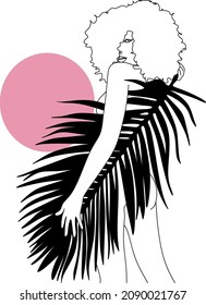 Sketch of a young beautiful woman isolated on white background with shadow from palm leaves. Beauty concept. Stock vector illustration