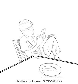 sketch of a young boy playing with his smartphone while drinking coffee