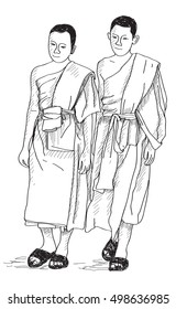 sketch of young buddhist monks walking on street in Thai, Chiangmai, free hand draw illustration vector
