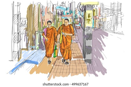 sketch of young buddhist monks walking on street in Thai, Chiangmai, free hand draw  vector illustration