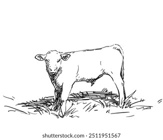 Sketch of young bull on the grass, full-length portrait, Calf standing sideways and turning its head towards the viewer, Hand drawn vector illustration