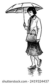 Sketch of young city woman under umbrella walking alone outdoors, hand drawn vector illustration isolated on white