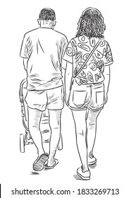 Sketch of young couple with baby stroller going for a walk on summer day