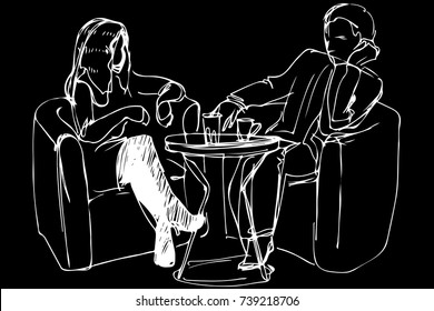 sketch of a young couple in a cafe at a table