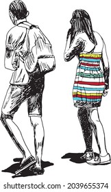 sketch of a young couple walking and seen from the back, wearing summer clothes (dress, shorts and tshirt), the man is carrying a backpack