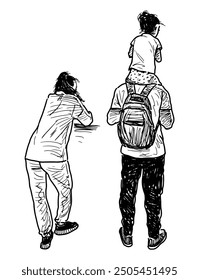 Sketch of young family citizens with little child standing outdoors for resting, looking, realistic hand drawn vector illustration isolated on white