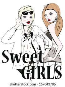Sketch of young fashion girls with sunglasses, sweet girls