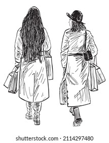 Sketch of young fashionable city women with shopping bags walking outdoors