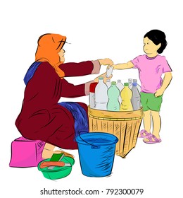 Sketch of Young Girl buying Jamu (Indonesia Traditional Herbal / organic Drink) from old lady Seller (colorful version)