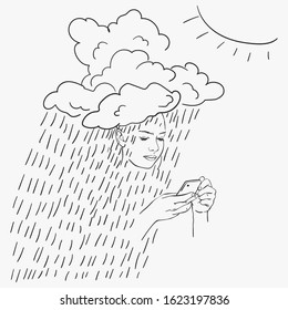 Sketch of young girl face with rain cloud on her head using smartphone, Hand drawn vector illustration
