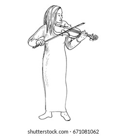 Sketch of young girl playing the violin, Violinist, Musician, hand drawn vector illustration