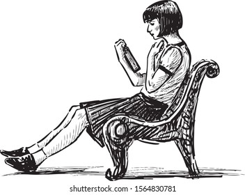 Sketch of young girl sitting on park bench and reading book