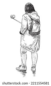 Sketch of young girl taking selfie on smartphone