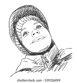 Sketch of young girl wearing bicycle helmet Bottom view Hand drawn Vector illustration.
