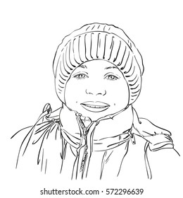Sketch of young girl in winter hat, Hand drawn vector illustration