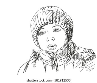 Sketch of young girl in winter hat with mouth pronounce oo sound, Hand drawn vector illustration