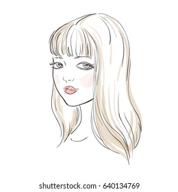 Sketch of a young girl's face with blond hair. Hand drawn vector illustration