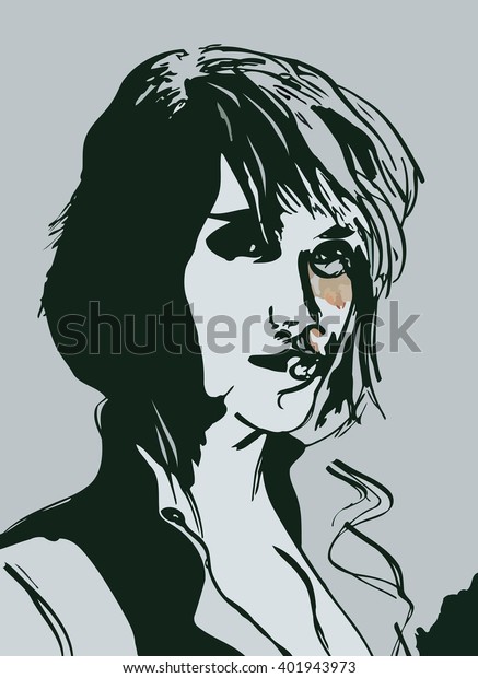 Sketch Young Girls Head Short Hair Stock Vector Royalty Free