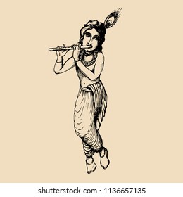 Sketch of young god Krishna. Happy Janmashtami background. Vector drawn illustration for greeting card, festival poster etc.