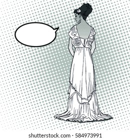 The sketch with the young graceful model. Back view of the dress. Long evening gown with open back. Elegante slenderness. Romantic image. Skinny body silhouette. Haute couture fashion show.