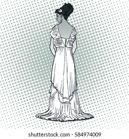 The sketch with the young graceful model. Back view of the dress. Long evening gown with open back. Elegante slenderness. Romantic image. Skinny body silhouette. Haute couture fashion show.