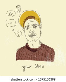 A sketch of a young guy with icons