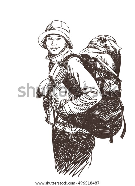 Sketch Young Happy Woman Backpacker Hand Stock Vector (Royalty Free ...