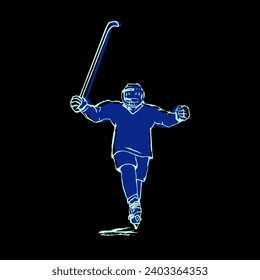 Sketch. Young hockey player. Hockey win player. Hockey stick up. Vector illustration on black background.