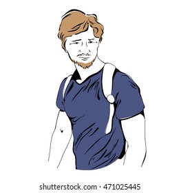 Sketch of a young man with a beard. The guy with the backpack. Vector illustration