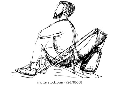 sketch of a young man with a beard sitting in a deckchair